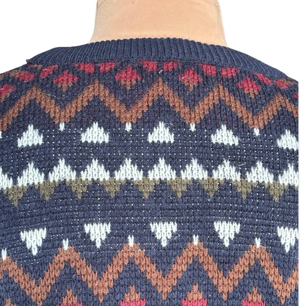 Vintage 90s Navy Blue Burgundy Fair Isle Knit Crewneck Sweater Mens XXL Cozy